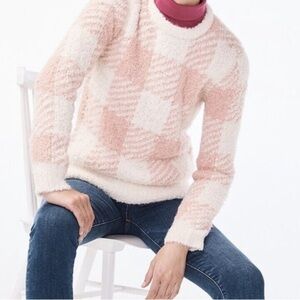 J. CREW Boucle Buffalo Check Plaid Chunky Sweater Pink White Wool Alpaca Size XL